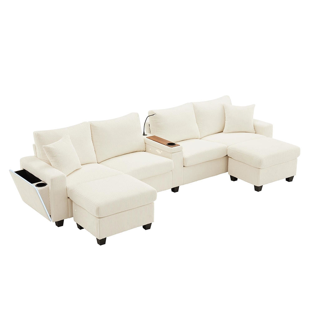 Divano a U in velluto costato - Xylo - 334x128,5x81 cm - Beige - 2 sgabelli, luce LED, porta-bevande, USB/Type-C