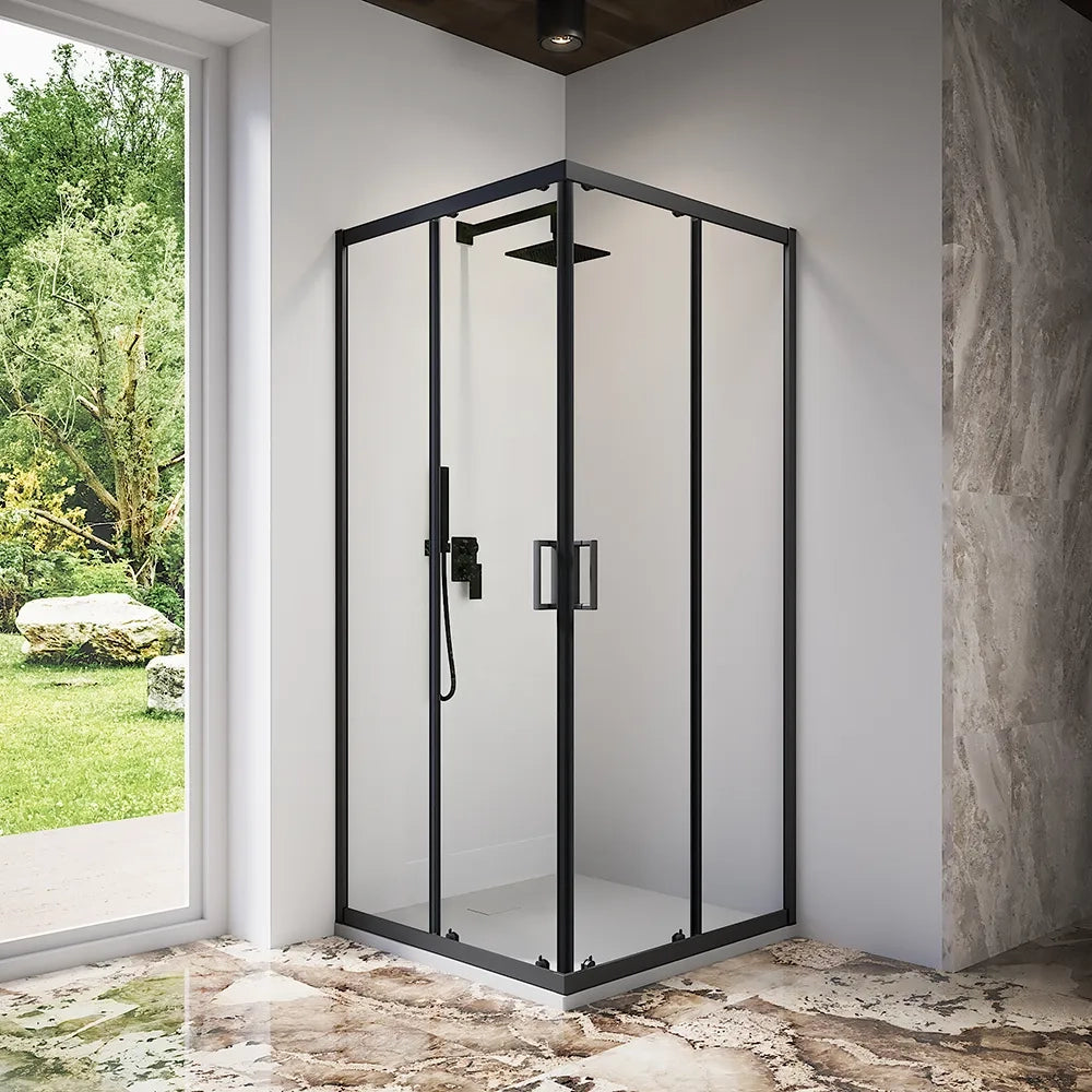 Box doccia 80x80 cm angolare scorrevole profili nero opaco vetro 6mm trasparente h185 | Tonga