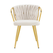 Sedia da pranzo, rivestimento in velluto, schienale intrecciato, struttura in metallo, ergonomica, color beige e dorato