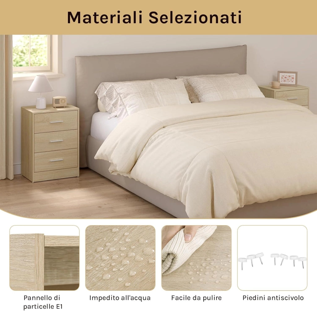 Set di 2 Comodini Moderni con 3 Cassetti, Grande Capacità, Tavolino da Letto per Camera da Letto, Soggiorno e Ufficio, 39x28x54cm, Rovere Chiaro, NTS26hei-2