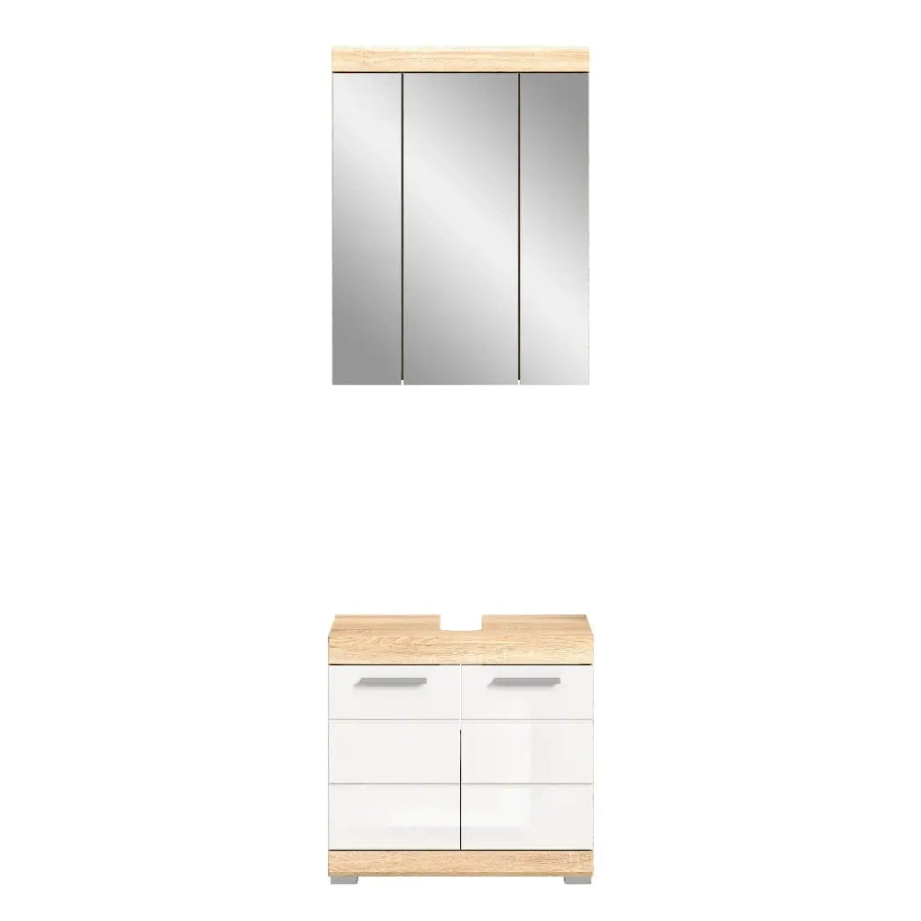 Set da bagno LEWOTO – Mobile sottolavabo e armadietto con specchio – Bianco e rovere
