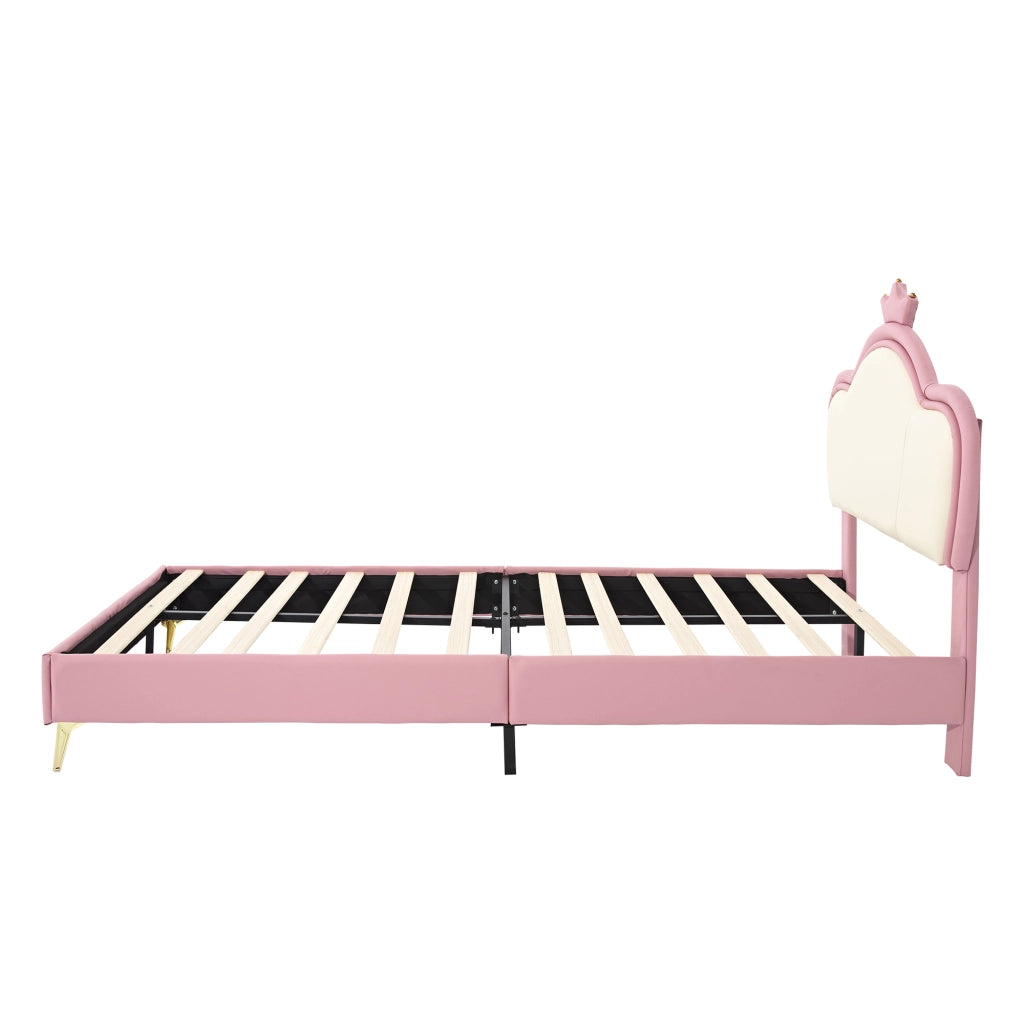 DESMIU Letto per bambini 1 posto con bordi imbottiti e testiera a corona 90 × 200 cm, senza materasso, PU rosa e bianco