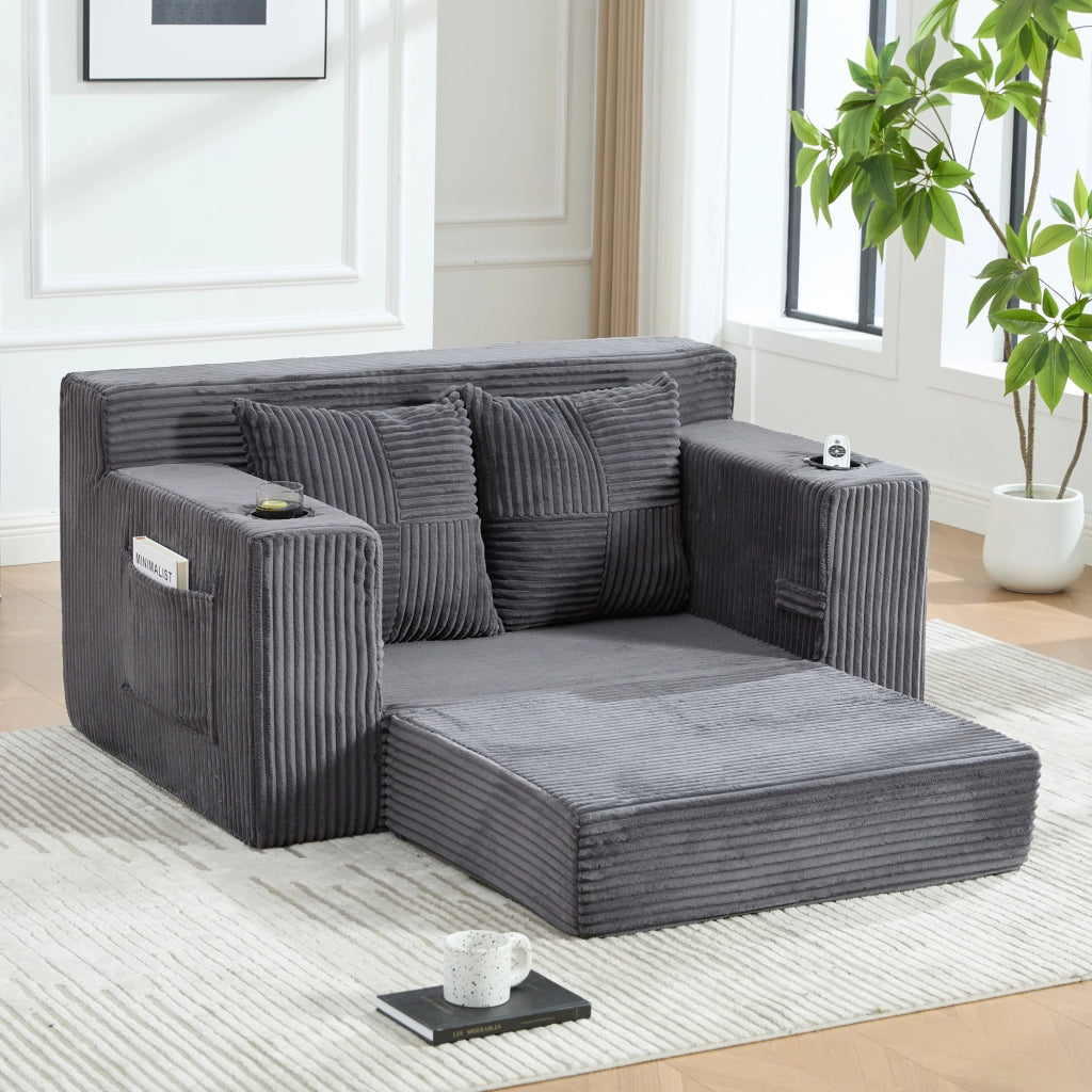 Pouf divano 151x133x64 cm in velluto a coste grigio con tasche laterali e 2 cuscini