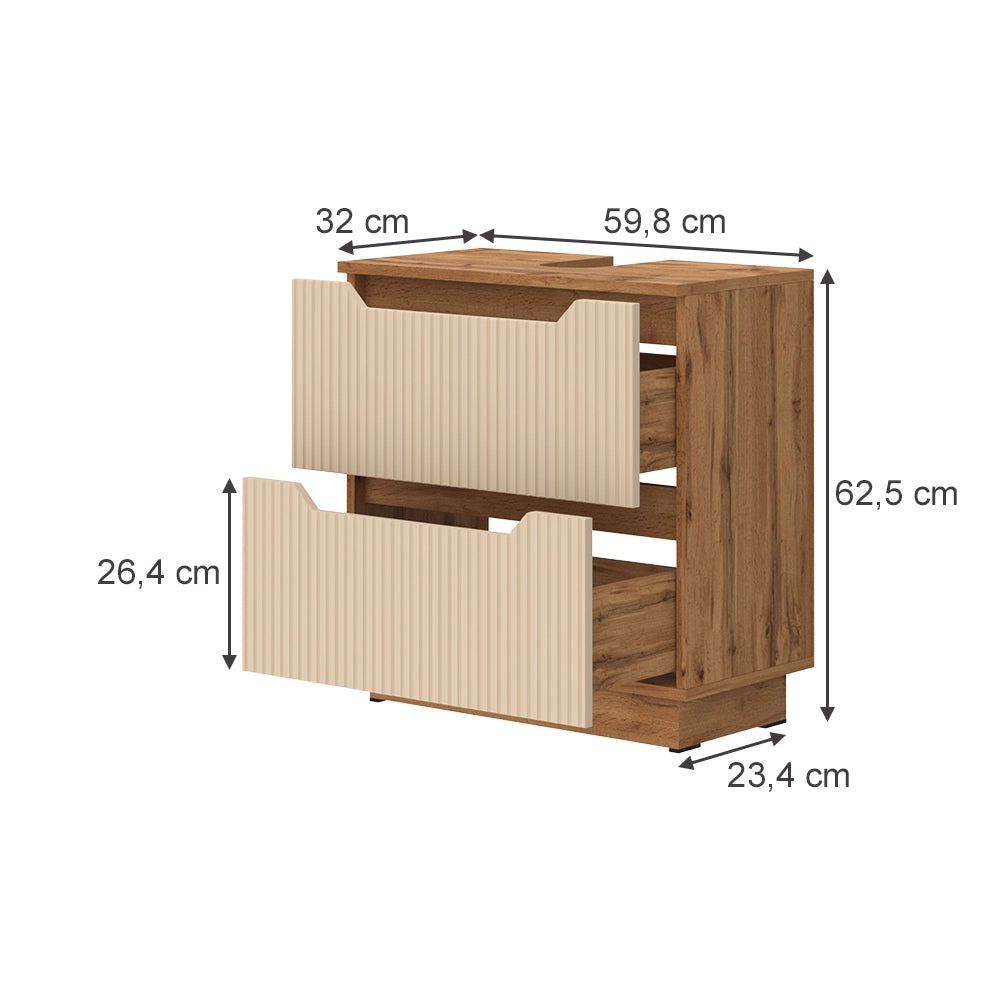 Vicco Mobile sottolavabo per bagno Rovere/cashmere a righe 59.8 x 62.5 cm con 2 cassetti