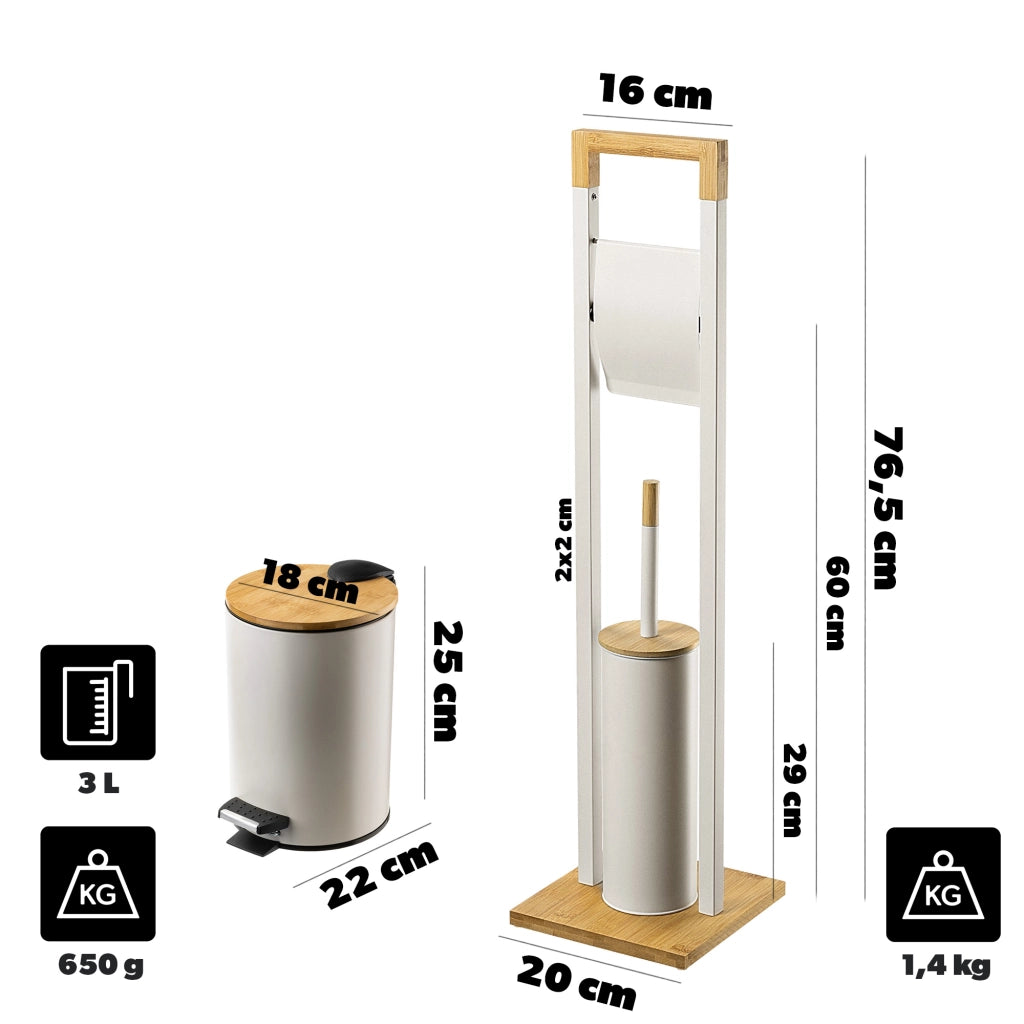 Set da bagno KADAX beige con cestino, portarotolo e scopino.