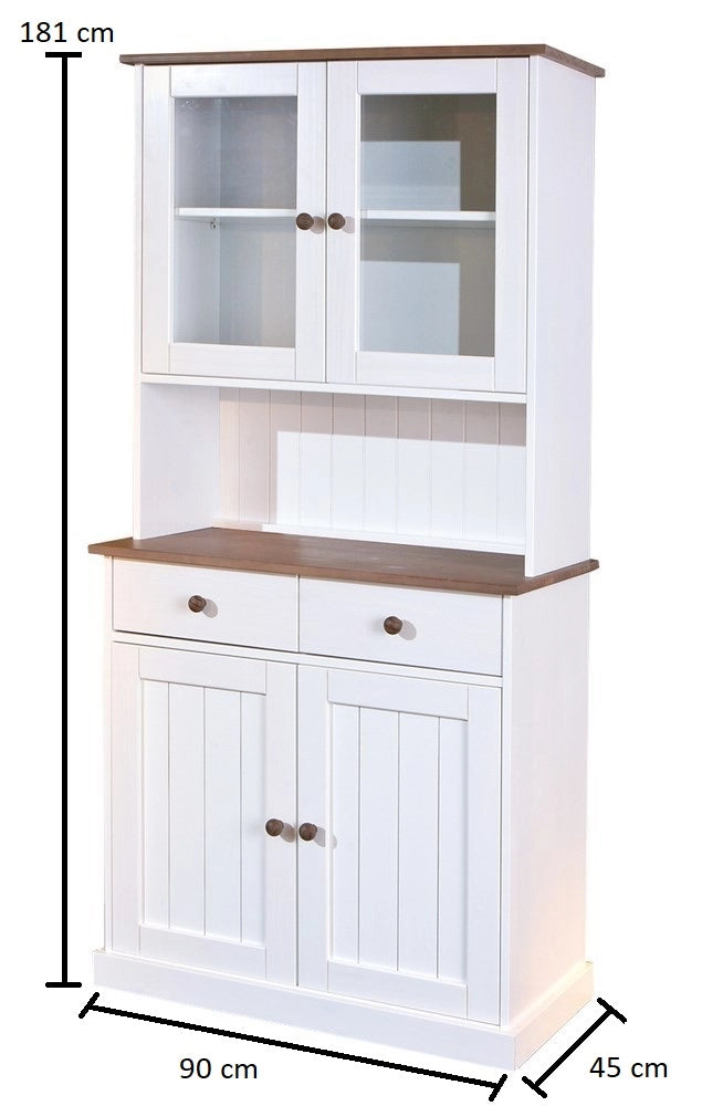 MOBILE SOGGIORNO CREDENZA WESTERLAND 4ANTE+2CASSETTI 90x45x181H PINO MASSELLO VERNICIATO A ACQUA BIANCO + TOP E FINITURE MARRONE