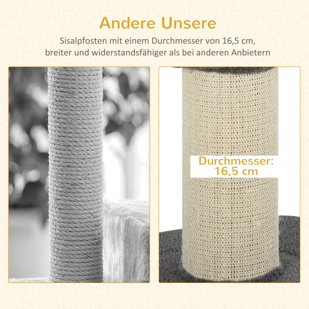 Tiragraffi per gatti, albero tiragraffi stabile con piattaforma, in sisal, portata 30 kg, grigio, per gioco attivo e relax.