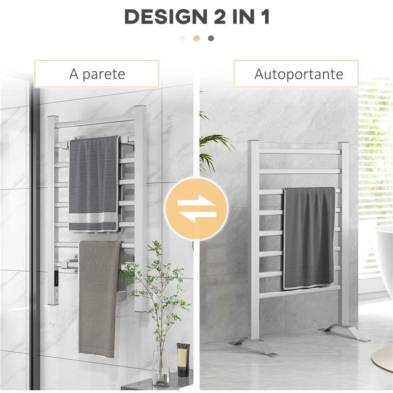 SCALDASALVIETTE ELETTRICO DA TERRA O PARETE 150W CON 8 BARRE E TIMER 2-4 ORE, 53X35X90 CM, ARGENTO