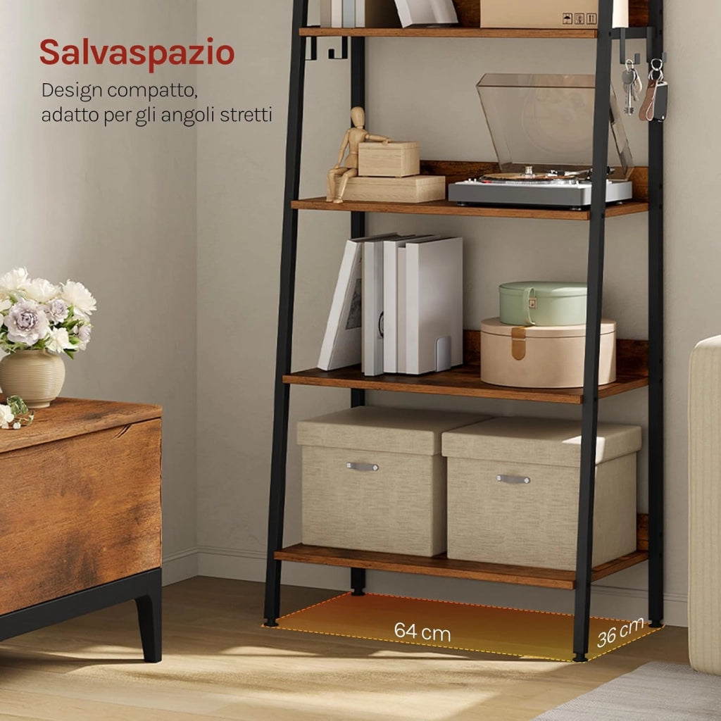 Libreria Metallica 5 Livelli, Scaffale Verticale Salvaspazio per Studio, Soggiorno e Cucina, 36x64x171 cm, Legno Vintage + Nero