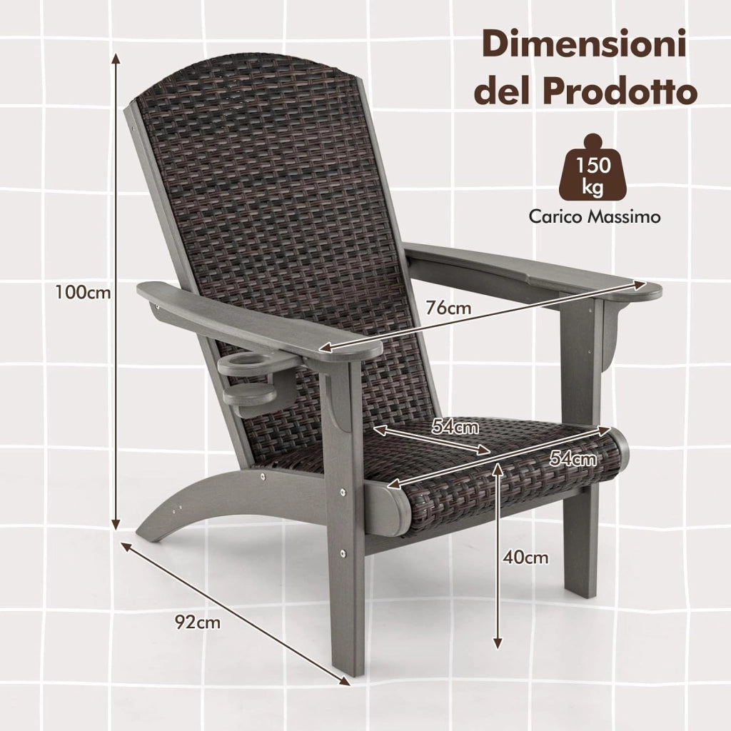 Sedia Adirondack da Giardino, Sedia da Lounge HDPE con Sedile e Schienale Imbottiti in Rattan, Porta Tazza Nascosto, Poltrona per Esterno Giardino Prato, Portata 150 kg (Grigio)