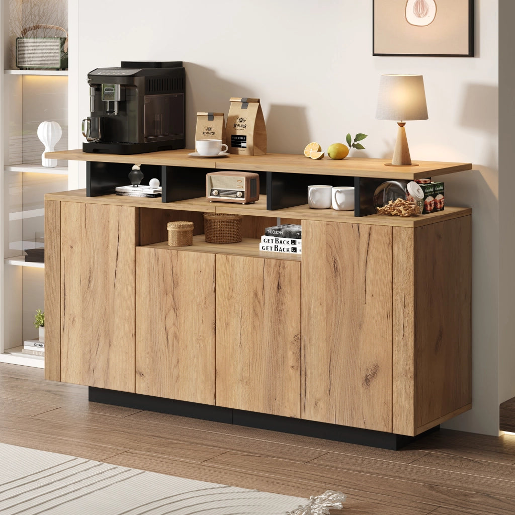 Credenza moderna in truciolato naturale e nero con 4 ante e 3 vani aperti, 140x40x85 cm