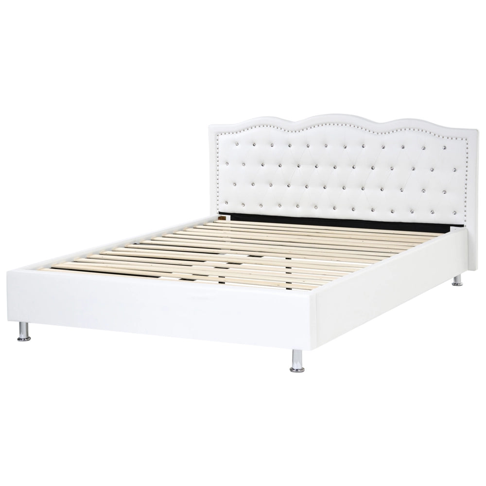 Letto 160 x 200 cm Bianco Ecopelle Cornice Imbottita Bottoni In Cristallo Bottoni Poggiatesta