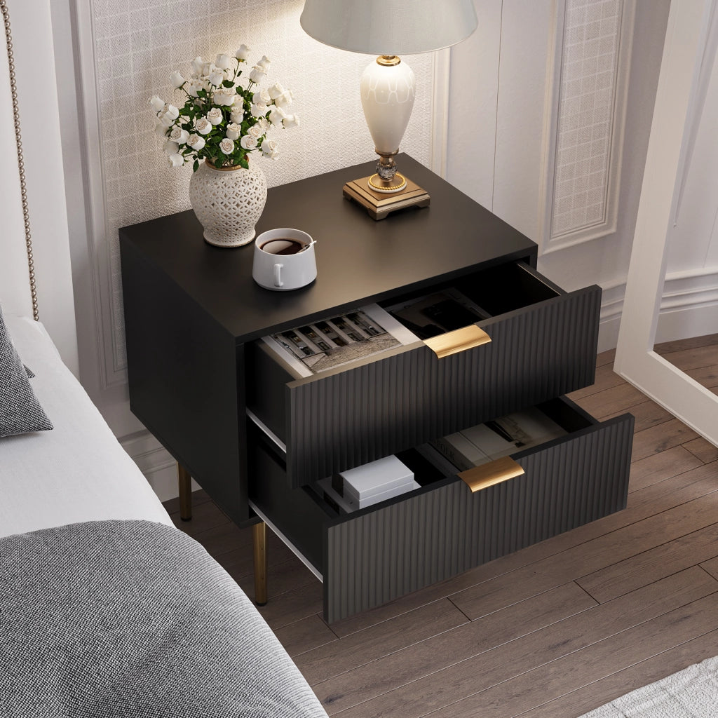 Comodino nero moderno con 2 cassetti, struttura in MDF e gambe in metallo