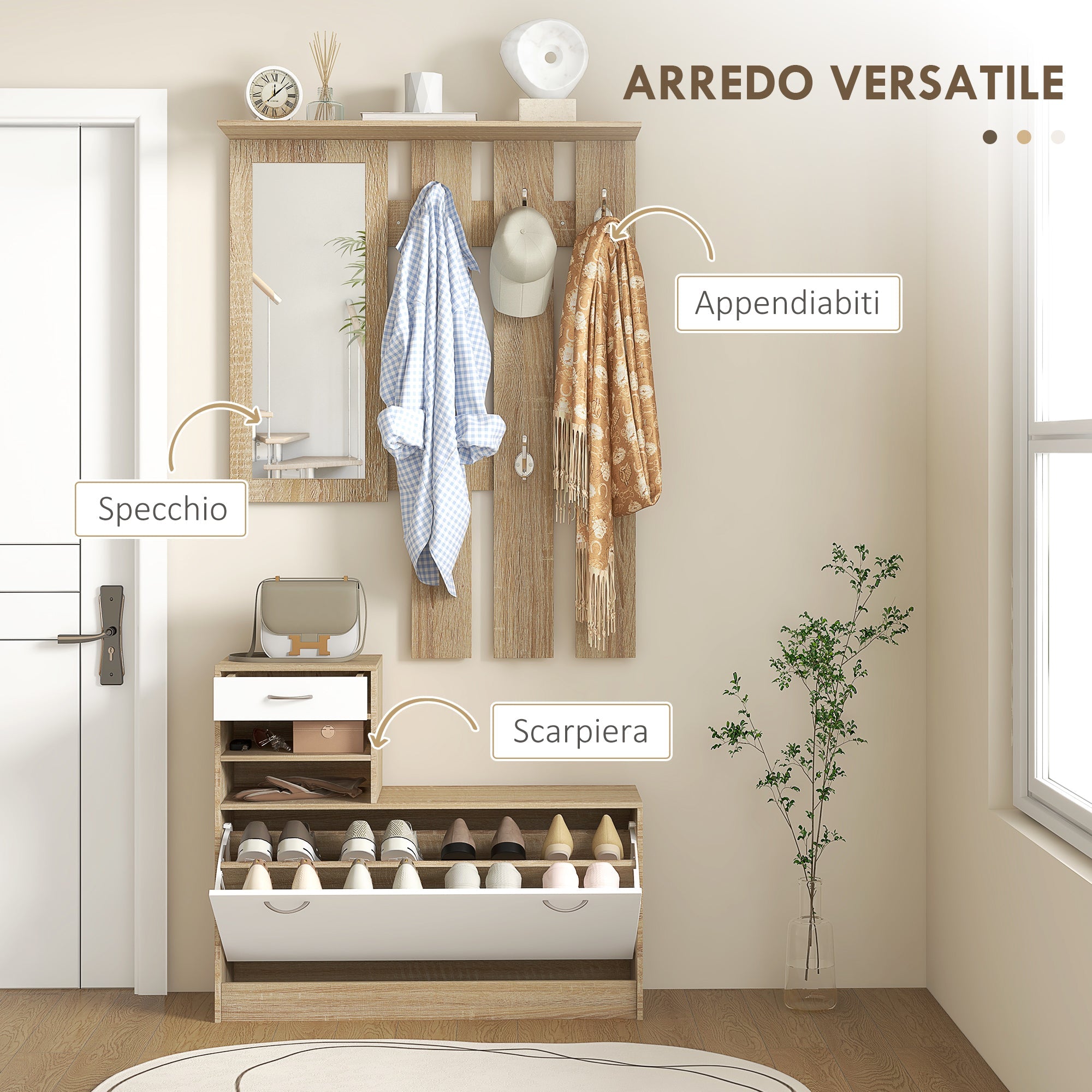 Mobile Guardaroba per Ingresso con Specchio Appendiabiti e Scarpiera Regolabile 90x24x177 cm Bianco e Quercia