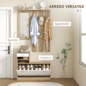 Mobile Guardaroba per Ingresso con Specchio Appendiabiti e Scarpiera Regolabile 90x24x177 cm Bianco e Quercia