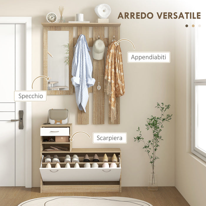 Mobile Guardaroba per Ingresso con Specchio Appendiabiti e Scarpiera Regolabile 90x24x177 cm Bianco e Quercia
