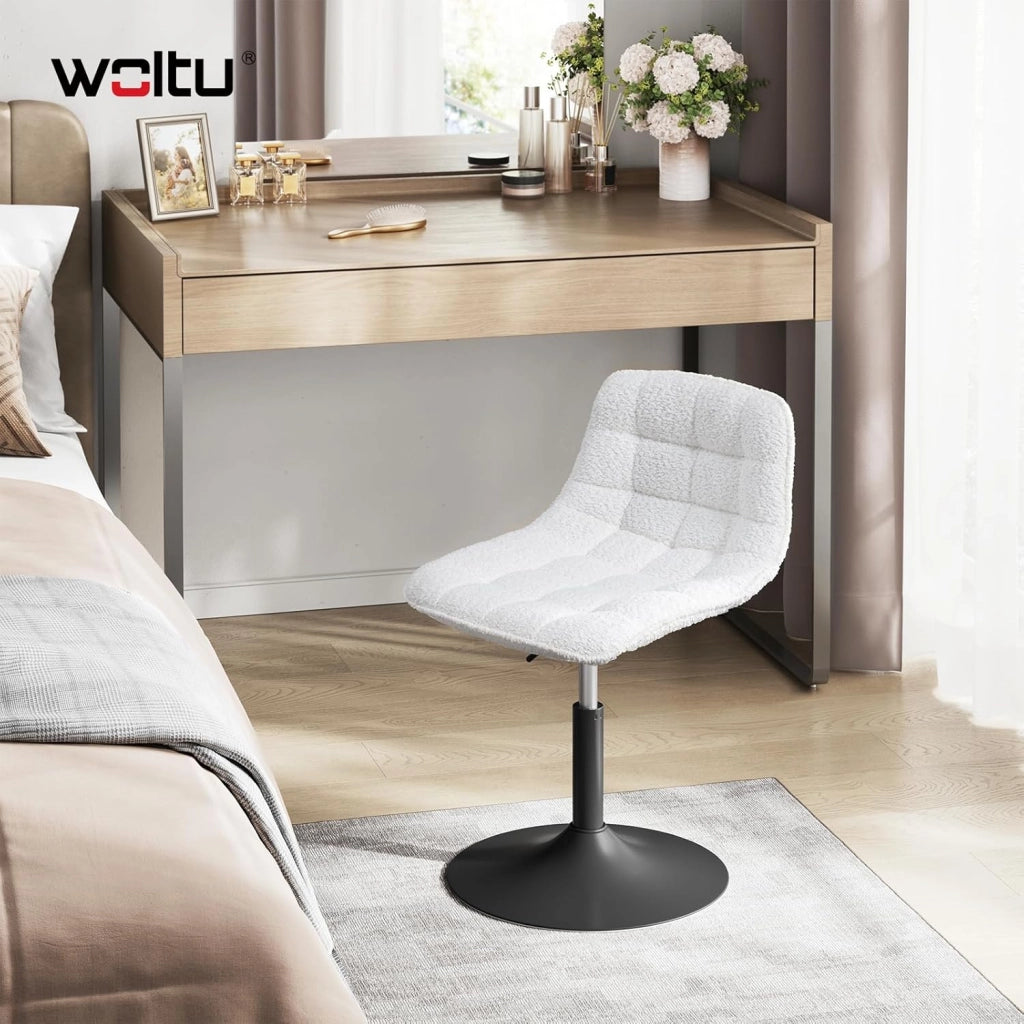 Sgabello per Toeletta Trucco, Sedia da Trucco con Schienale Regolabile in Altezza, Seduta in Ciniglia, Base Metallo, per Cucina, Camera da Letto, Bianco, BH408ws-1