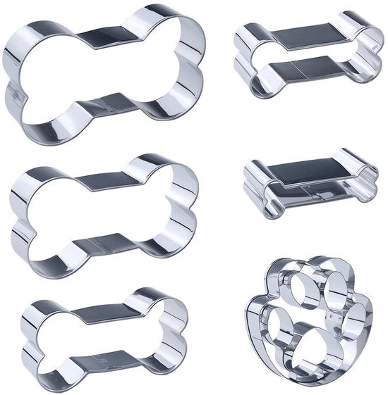 Set di 6 stampi per biscotti "Paw & Bone" - 5 misure di stampi per biscotti osso e 1 stampo per biscotto con osso - Stampino per biscotti con rilievo in acciaio inossidabile di un osso cane per biscotti per cani o snack.