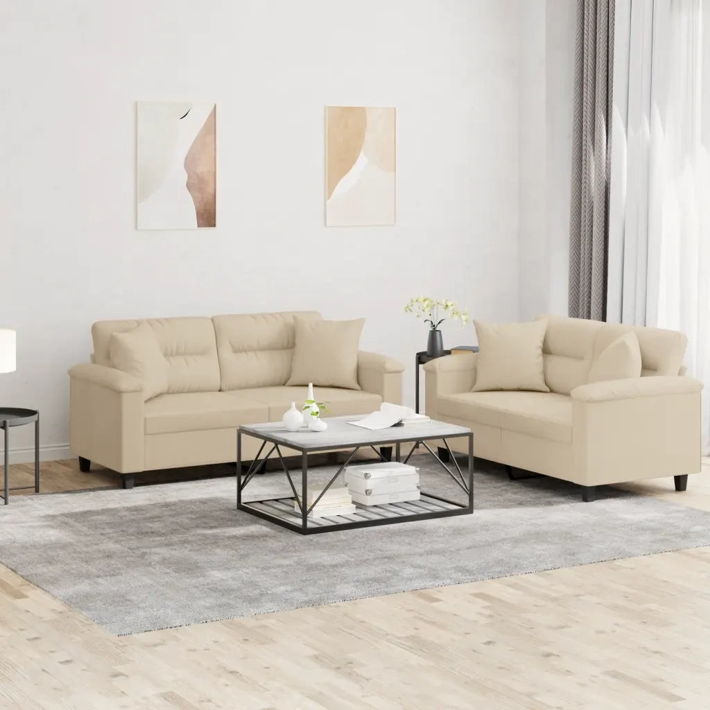 Set Divani 2 pz con Cuscini Crema in Tessuto Microfibracod mxl 104720