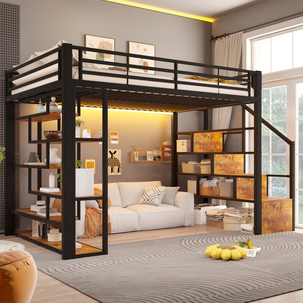 Letto a soppalco 140x200 cm con spazio libero sottostante; LED; ripiano; gradini integrati e parapetto; metallo nero