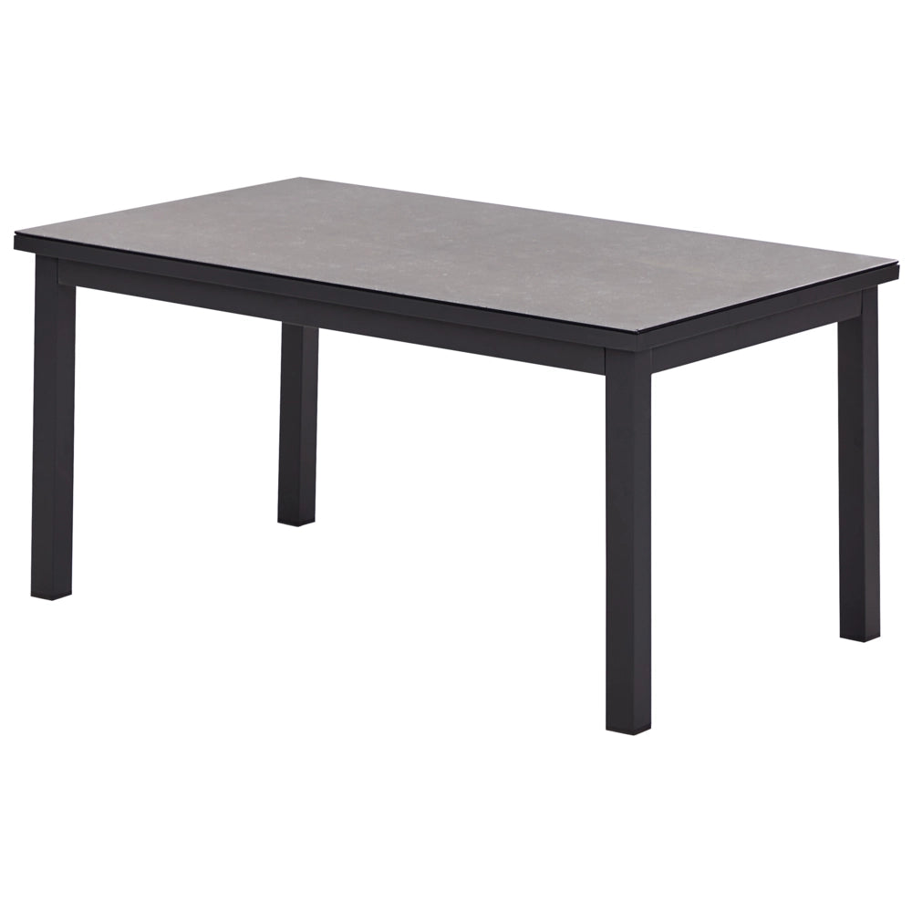 Set da giardino divano 5 posti e tavolo elevabile con struttura bianca e piano in vetro e cuscini nero e verde stile moderno scandinavo