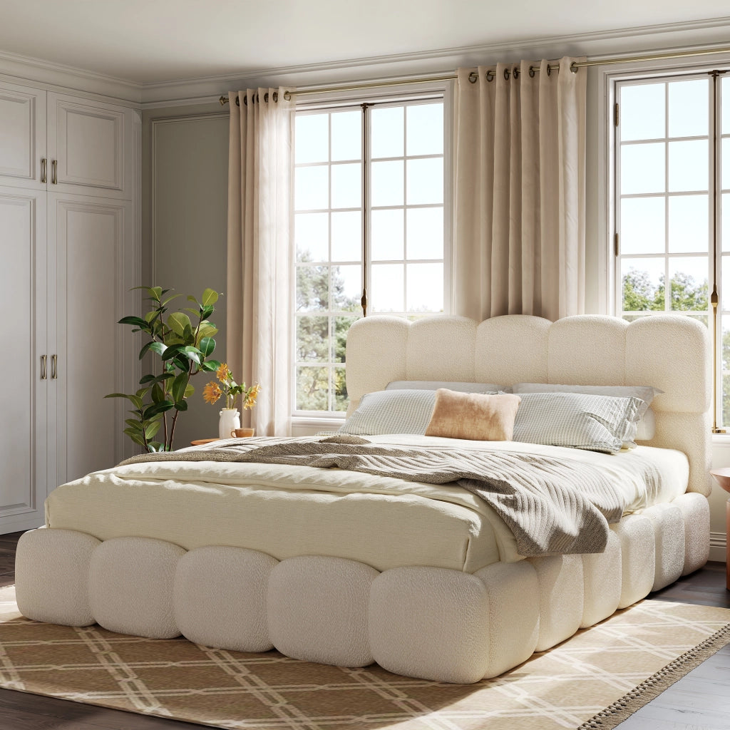 Letto imbottito 180 × 200 cm con contenitore idraulico e rete a doghe inclusa in bouclé bianco