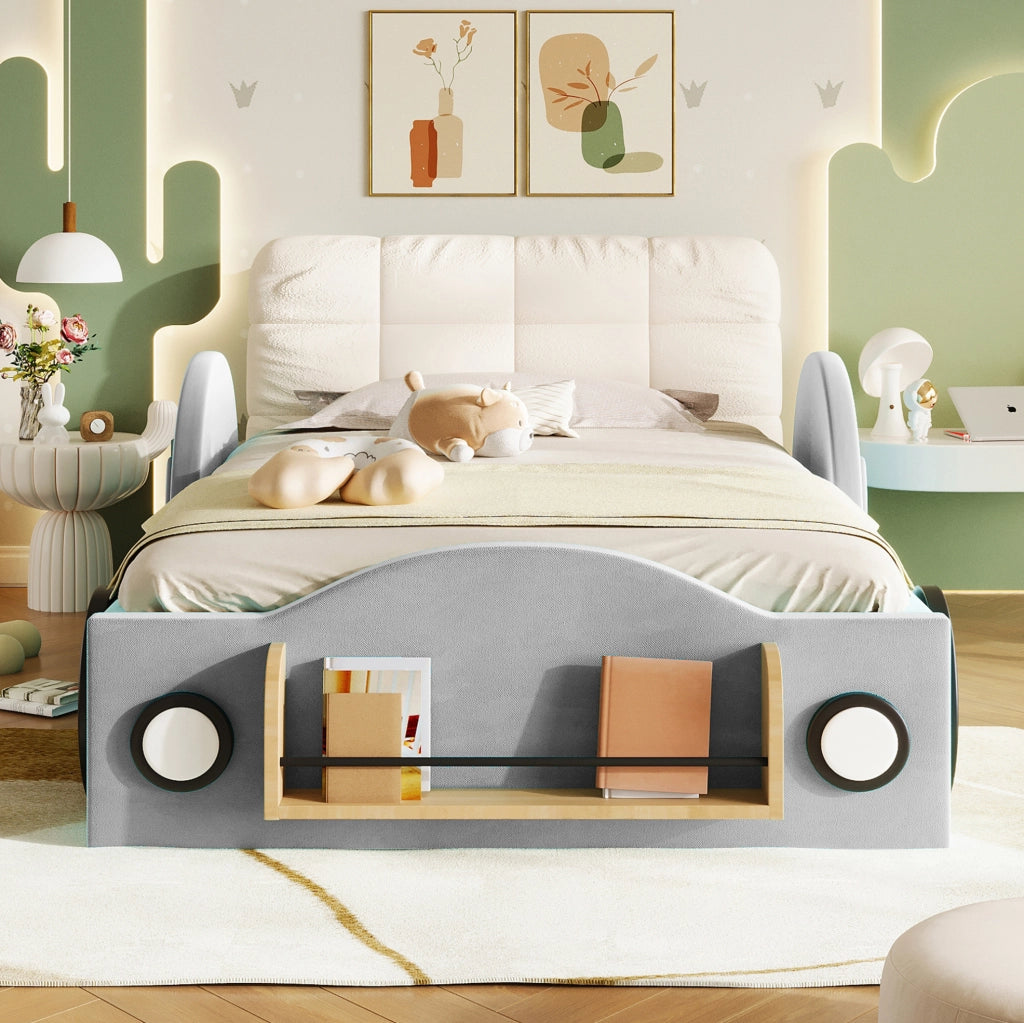 Letto imbottito 90x200 grigio con contenitore e tasche