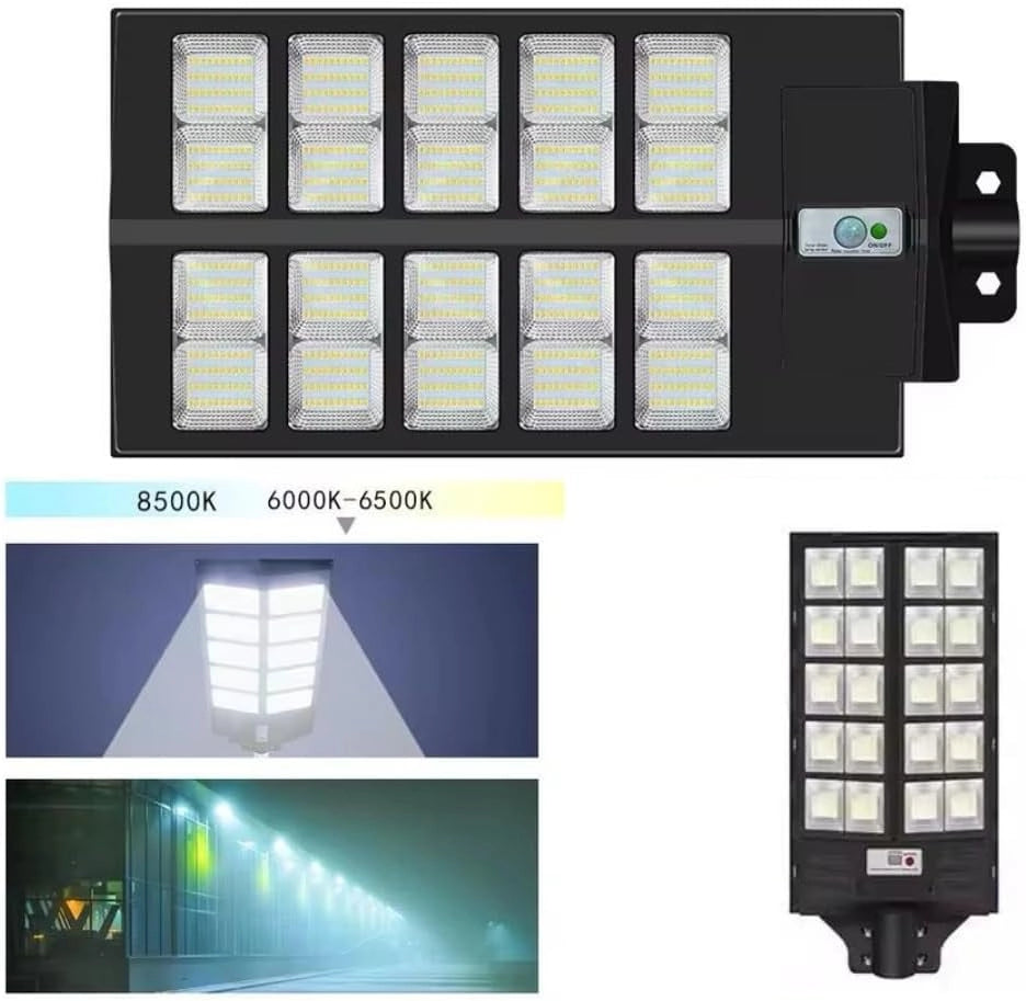 Lampione LED solare con batteria 18000mAh, doppia modalità luce, pannello solare, telecomando e staffa da 50cm. Autonomia prolungata e installazione facile.