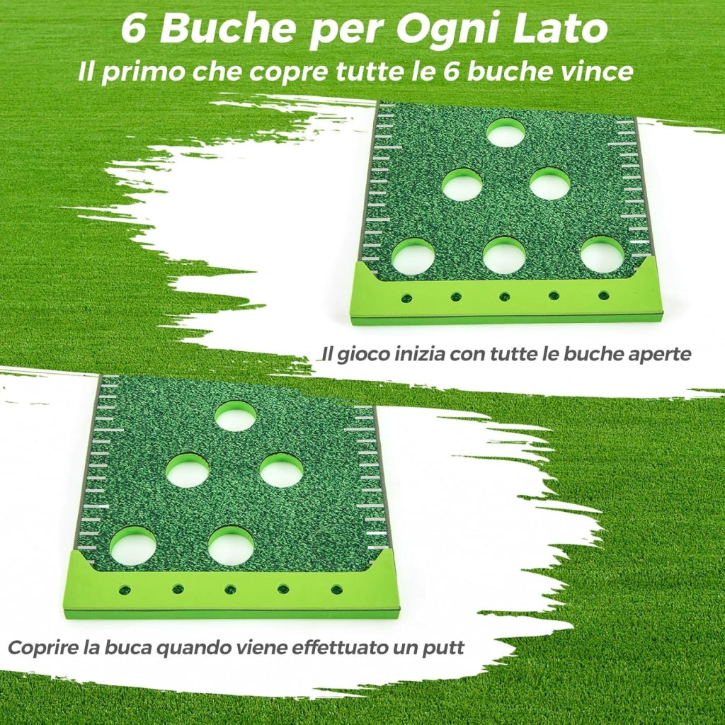 Putting Green, Set Gioco Golf Pong con 2 Putter Regolabili, 6 Palline e 12 Copri Buchi, Tappetino da Golf per Fester, Giardino e Casa, 332 cm x 50 cm