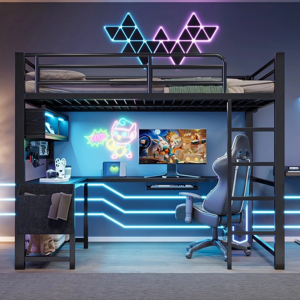 Letto a soppalco Gaming con Scrivania ¨C Minimal ¨C Nero 140x200 cm con LED