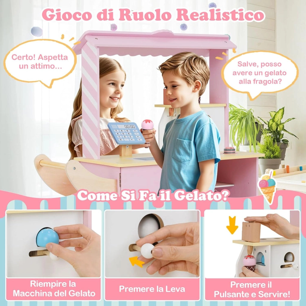 Gelateria Giocattolo per Bambini con Gelatiera, Carrelo dei Gelati in Legno con Ruote e Maniglia, Negozio di Gelati Giocattolo con Cassa e 15 Accessori, per Bambini di 3 + Anni (Rosa)