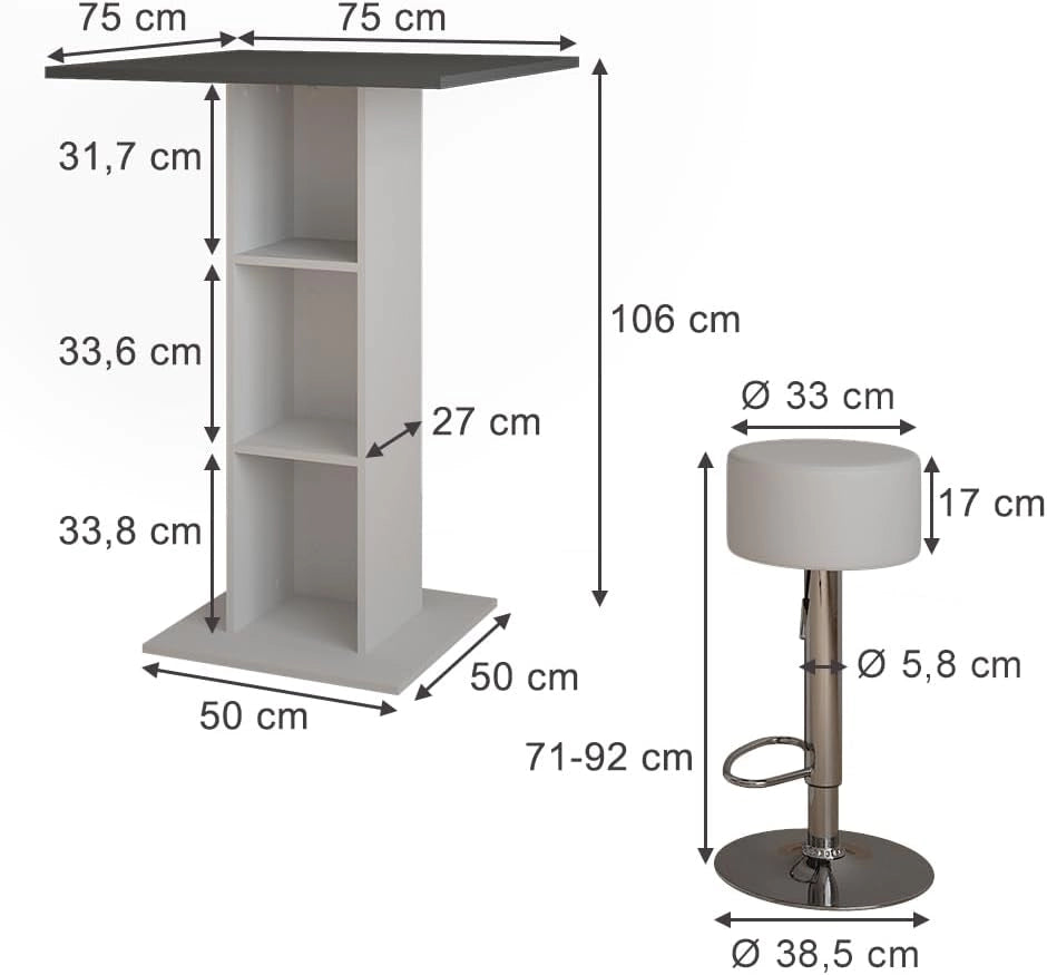 tavolo bar con sgabelli Repose, Antracite/bianco, 75 x 75 cm con 2 sgabelli da bar, per l'utilizzo come tavolo alto con ripiani regolabili in altezza