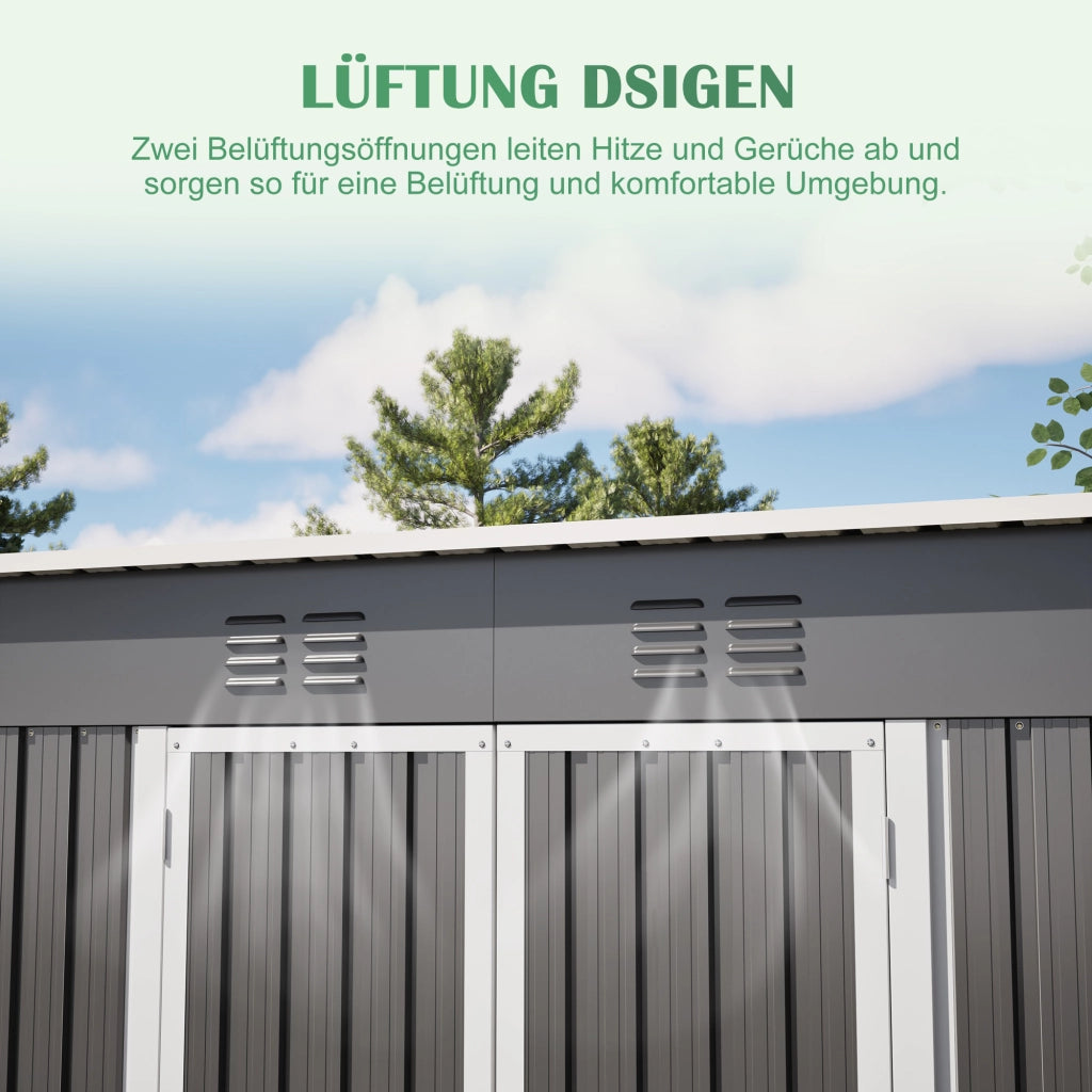 Casetta da giardino con porta con serratura e 2 griglie di aerazione in acciaio zincato grigio 242 × 126 × 182 cm