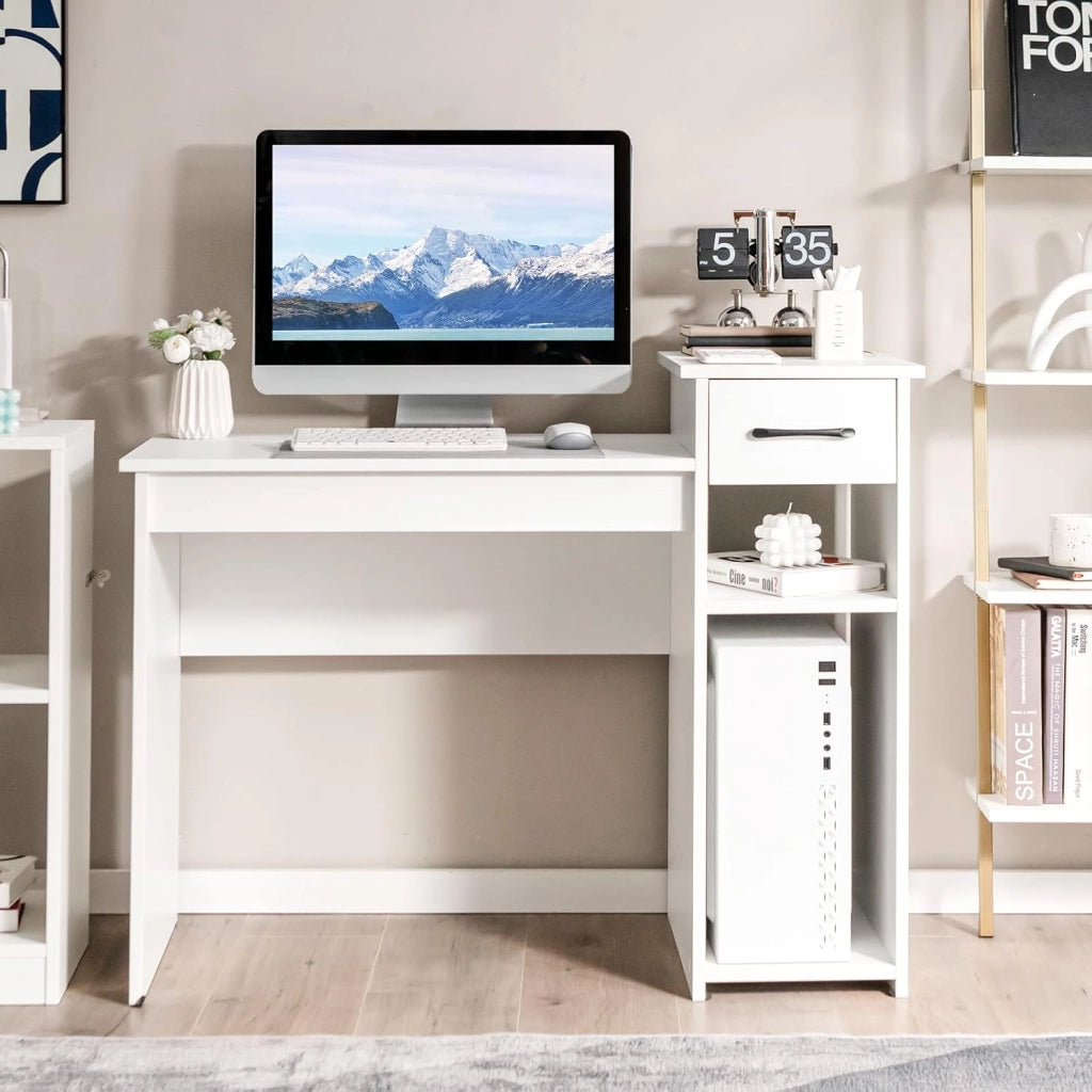 Scrivania con Cassetto, Scrivania da Computer, Tavolo da ufficio, 104 x 50 x 82cm (Bianco)