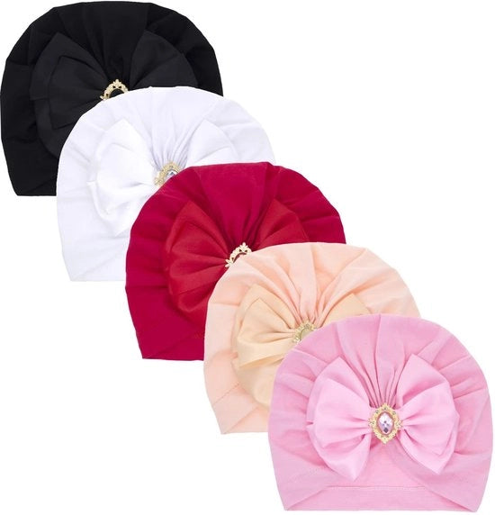Set di Mucchi per Bambini da 5 - Mucchi per Capo Bambino morbidi - Adattabili - Manufatti a mano - Ideali per Foto - Cotone respirante - 5 Colori Vivaci - Copricapo per Bambini