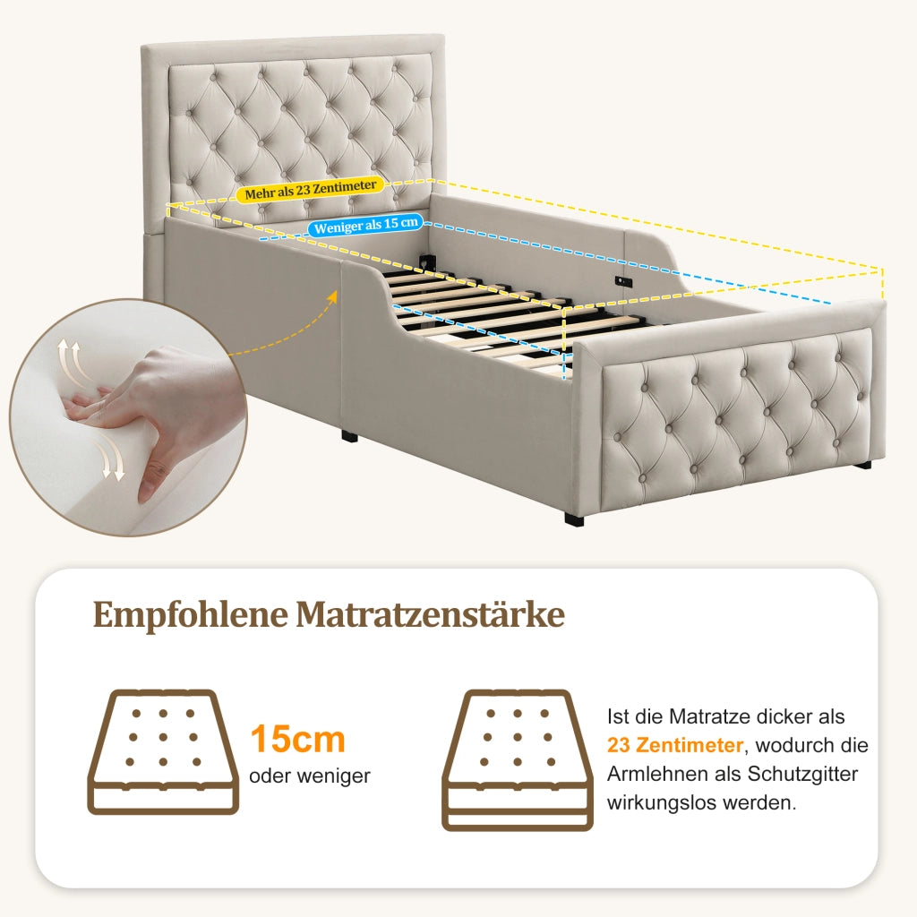 Letto Contenitore Singolo Imbottito ¨C MINIMAL ¨C Velluto Beige 90x200 con Rete a Doghe e Testiera