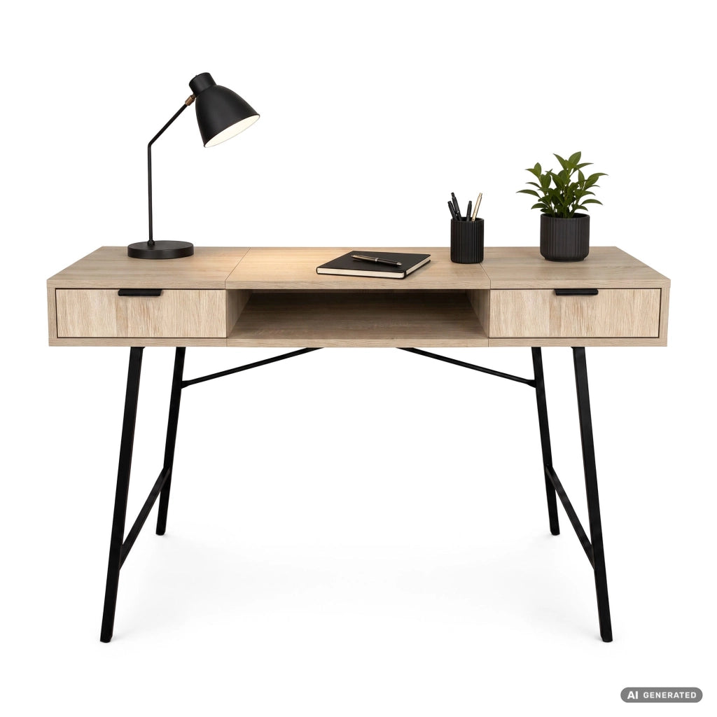 Scrivania industriale per computer Rovere Sonoma ARDEN 120 cm 2 cassetti 1 ripiano gambe nere