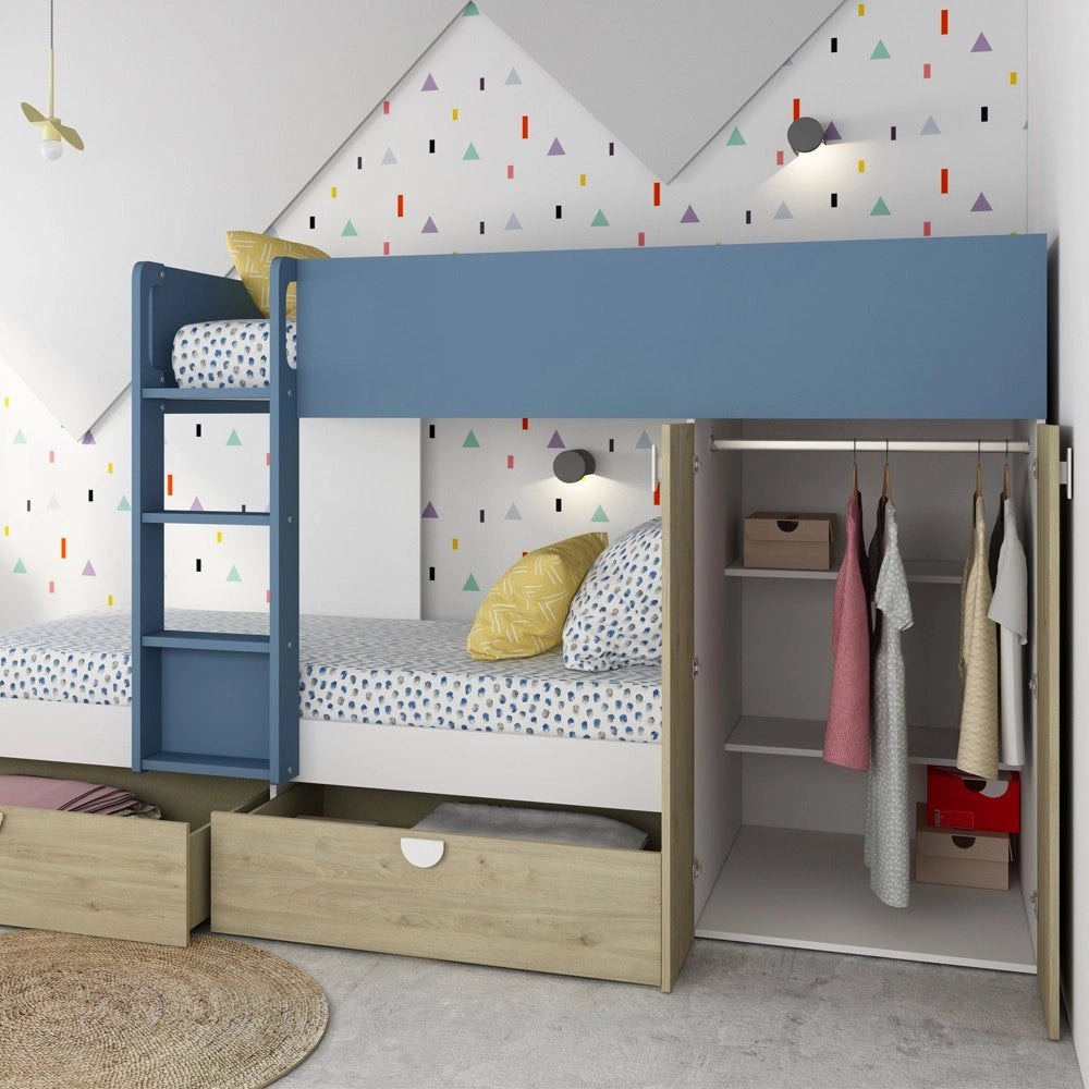 Letto a castello rovere e azzurro con armadio 2 ante e cassetti