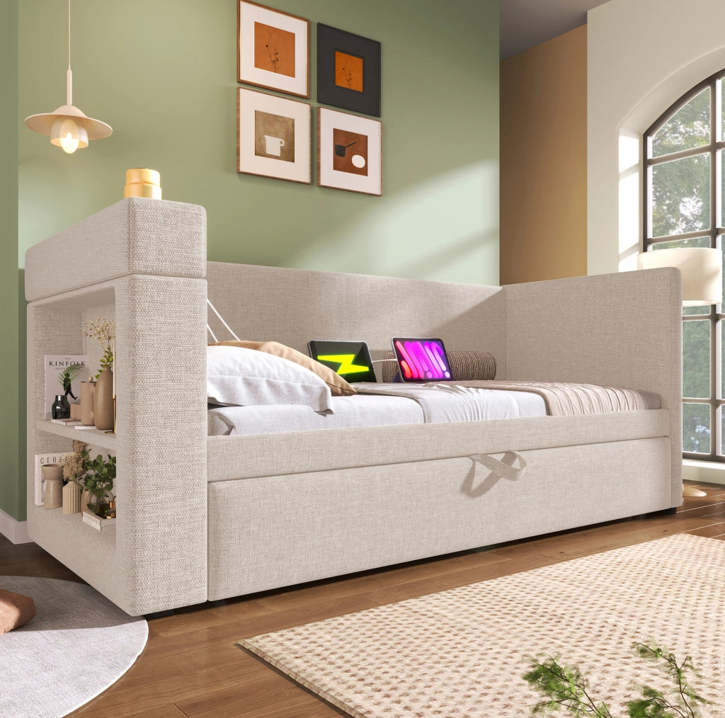 Divano letto estraibile 90x190 cm in cotone-lino beige con USB e Type-C