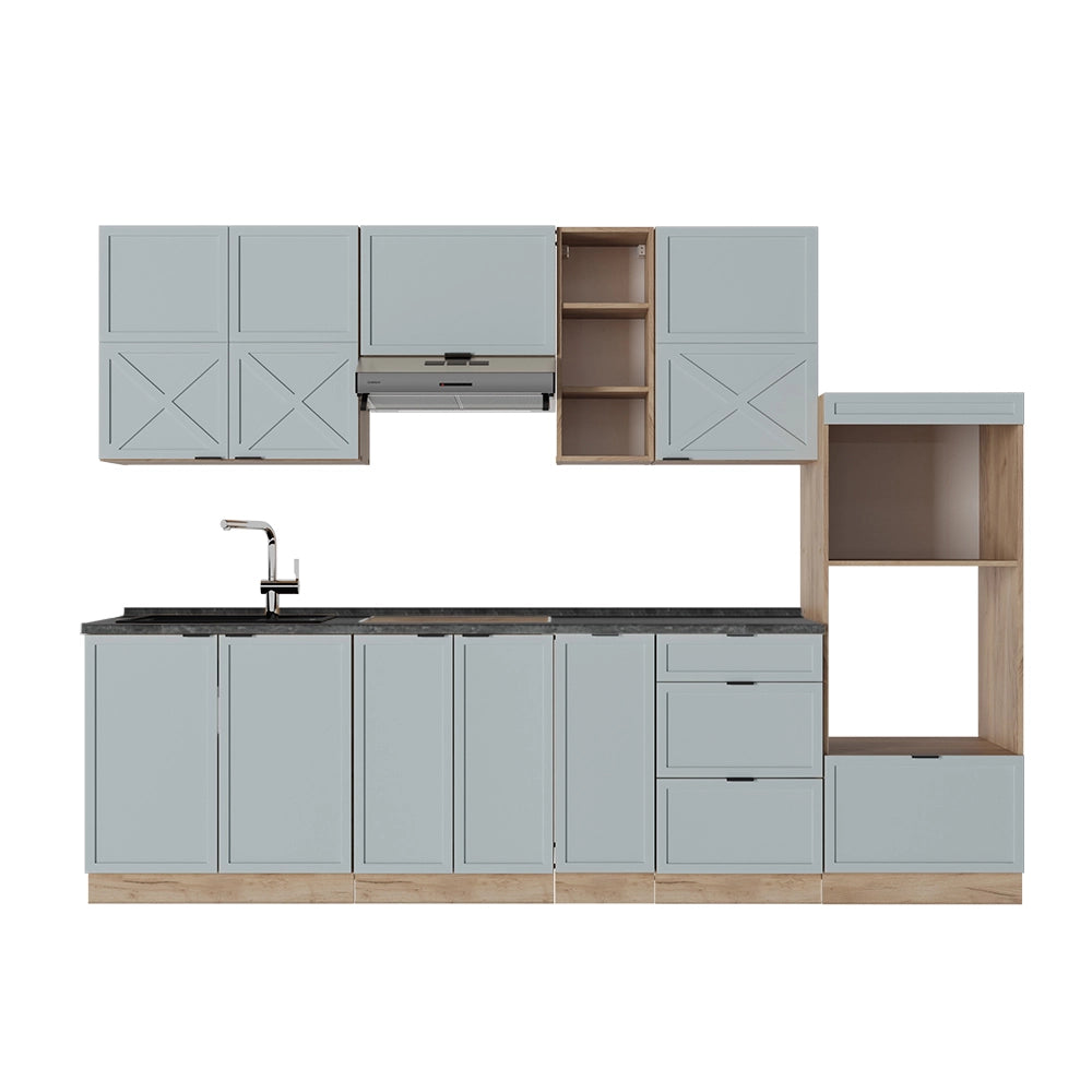 Cucina componibile Fame-Line Blu-grigio chiaro/Rovere dorato 280 cm, PL Antracite Vicco