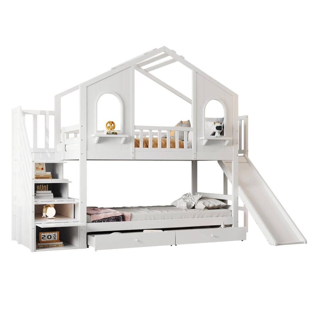 LETTO a castello a casetta 90x200 cm con scivolo e scala contenitore bianco