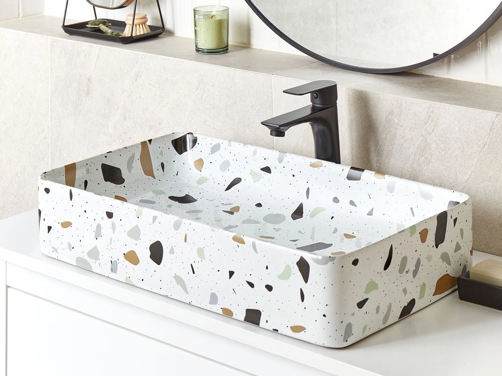 Lavabo da appoggio in ceramica effetto terrazzo bianco 51 x 34 cm Lavello da bagno rotondo