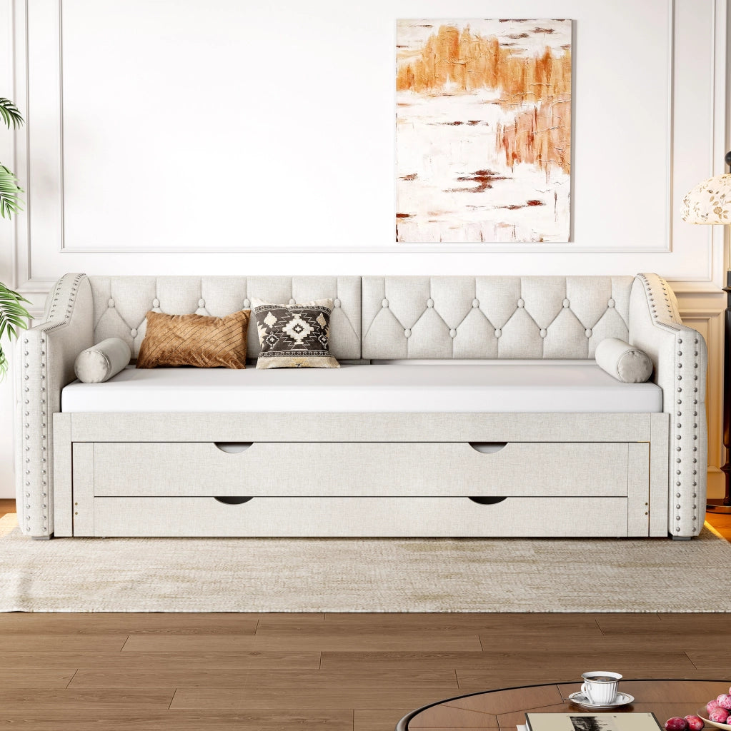 Letto da giorno 90x200 cm con LED; letto estraibile e cassetti in MDF e lino beige