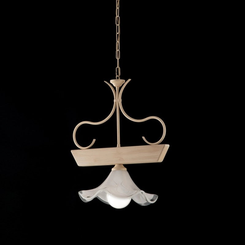 Lampadario legno e ferro laccato avorio con decorazione decape 1 luci