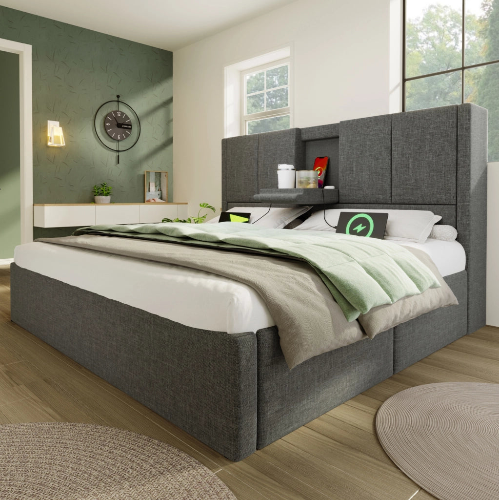 Letto imbottito 140x200 cm con vano contenitore e USB-C