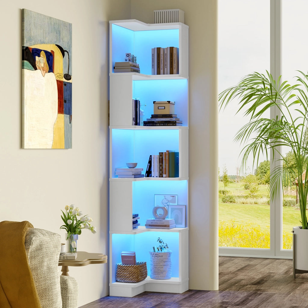 Libreria angolare con LED regolabili via app e 5 ripiani, per studio e ufficio, in MDF, bianco, 63,5 × 45 × 175 cm