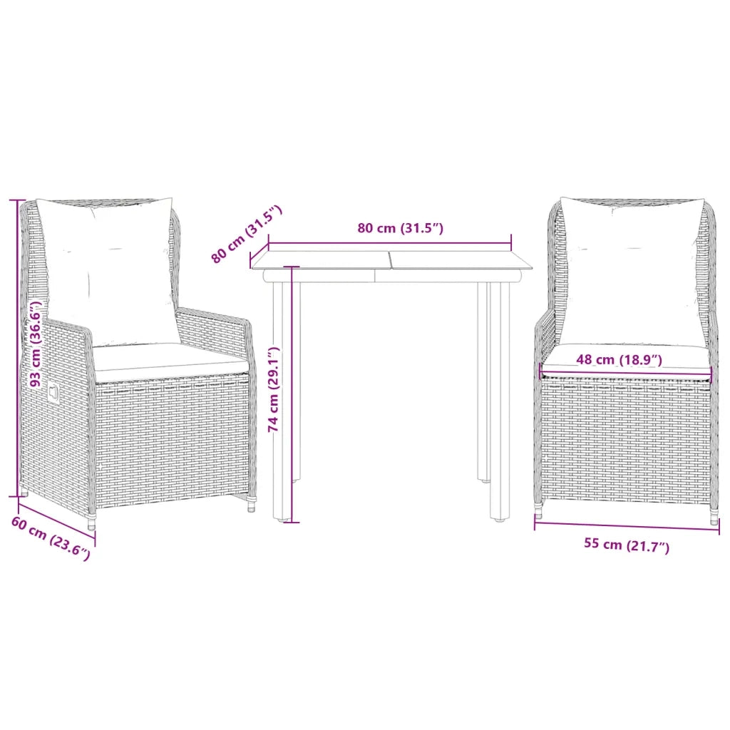 Set da Pranzo da Giardino 3pz | Set Salotto da Giardino con Cuscini in Polyrattan Marrone