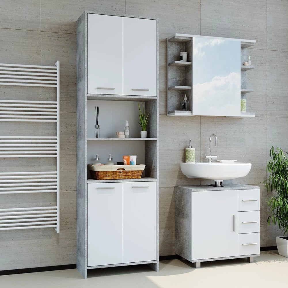 Mobile bagno alto Maris, Calcestruzzo, 56.1 x 190 cm, per la conservazione di accessori da bagno e ripiani regolabili in altezza