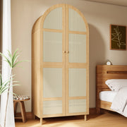 Armadio con ante curve, asta appendiabiti e cassetti, per camera da letto e ingresso, naturale, 80 × 50 × 179 cm