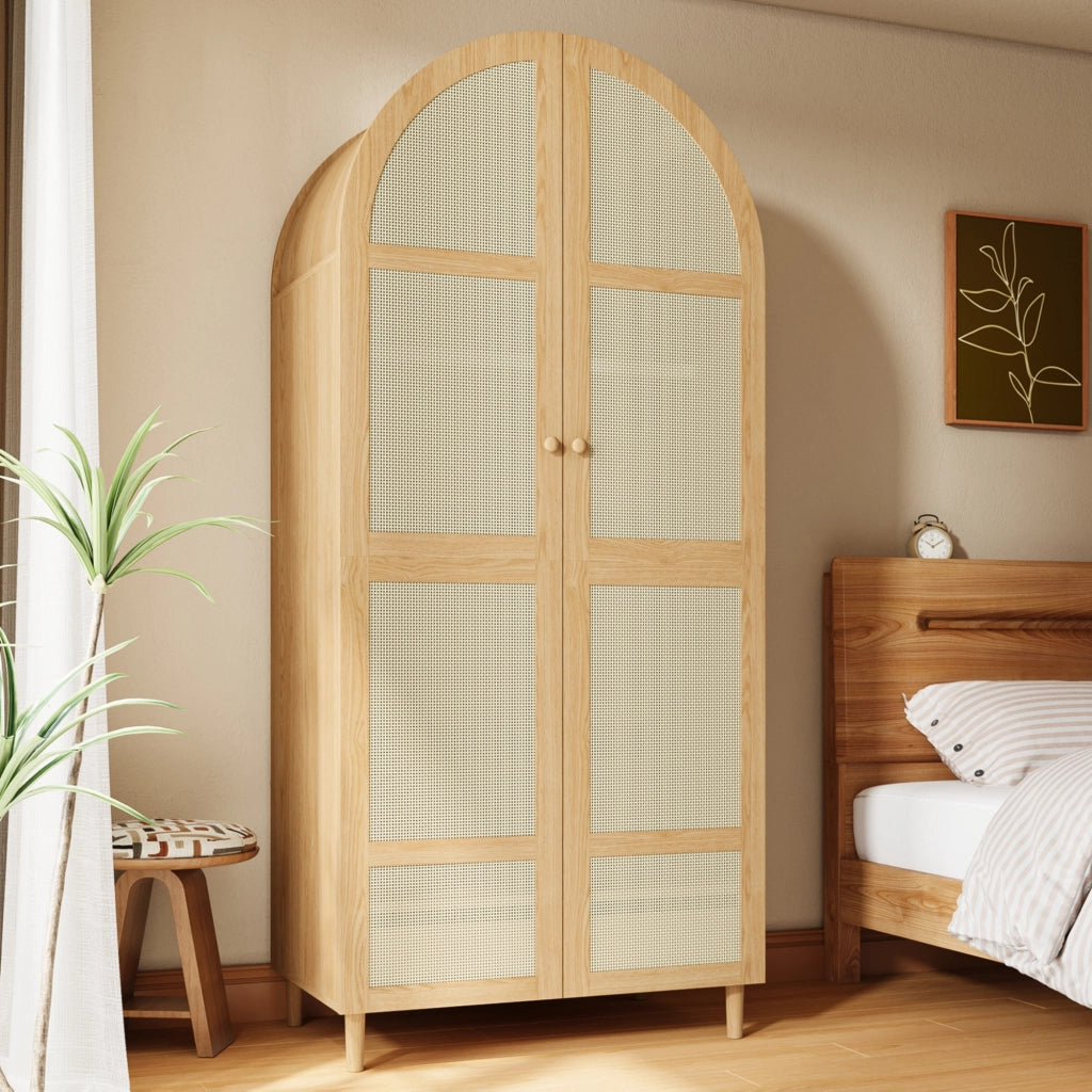 Armadio con ante curve, asta appendiabiti e cassetti, per camera da letto e ingresso, naturale, 80 × 50 × 179 cm